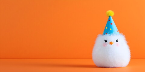 Adorable fluffy white chick wearing blue party hat on vibrant orange background. Birthday invitations, Easter celebrations and cheerful party decoration concepts