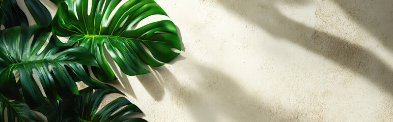 Obraz premium Monstera leaf with subtle shadow details on a neutral background, with clean lines and ample space for text