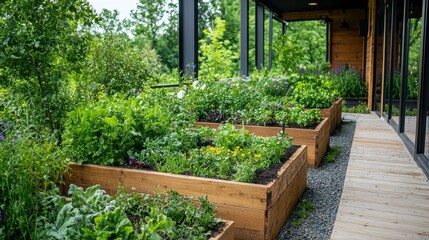 Urban Garden with Raised Planters and Wood Deck