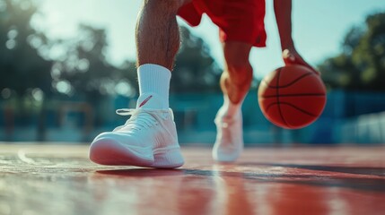 Fototapeta premium Dynamic Basketball Player Dribbling with White Sneakers Close-up on Court Background