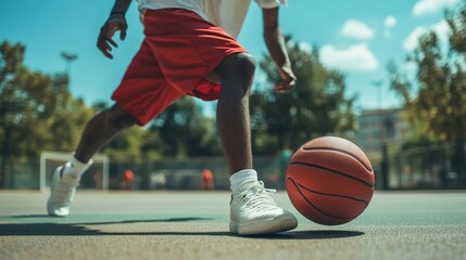 Naklejka premium Precision Dribbling Technique - Close-up of Player's Hands with White Sneakers and Red Shorts in the Background on Basketball Court