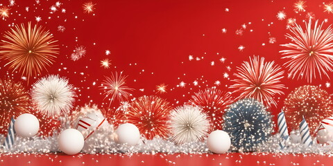  Festive fireworks display with white spheres and striped candles on red background for New Year celebrations, holiday party invitations and joyful event marketing