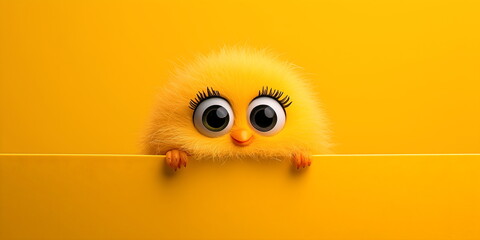 Adorable fluffy yellow chick character peeking over edge on orange background for Easter designs. Spring-themed marketing campaigns