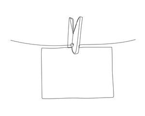 Naklejka premium Piece of paper hanging on rope with clothespin, one continuous line drawing. Empty frame in outline doodle style