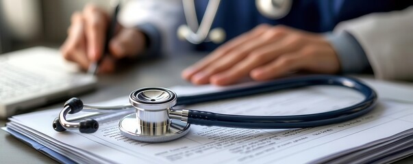 Close-up of a stethoscope on medical records, healthcare admin s hand nearby, detailed office setting