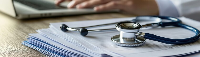 Close-up of stethoscope on organized medical documents, healthcare admin in background, detailed scene