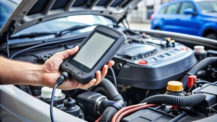 A handheld device is connected to the car's engine, gathering data on performance and troubleshooting problems with the vehicle's computer management system.