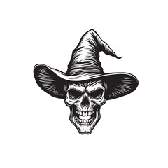Black and White Skull with Witch Hat - Engraved Hand-Drawn Vector