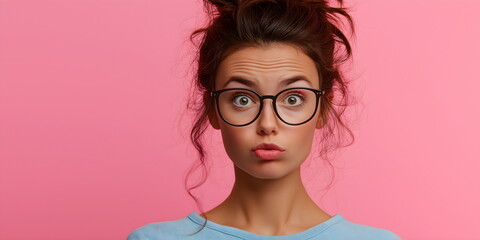 Fototapeta premium Young woman with messy bun and oversized glasses against soft pink backdrop. Nerdy chic with feminine style