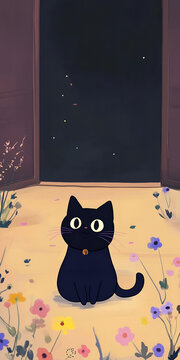 A cute little kitten is in the night. The theme of the Halloween night. autumn