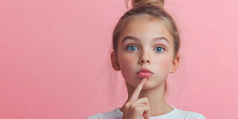Thoughtful young girl with finger on lips and messy bun hairstyle against pink backdrop. Childhood contemplation and innocence