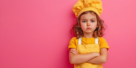 Serious little girl in yellow chef outfit against vibrant pink background. Childhood culinary interest and determination