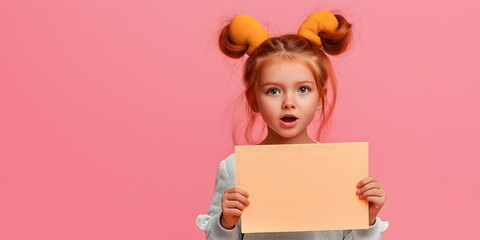 Surprised little girl with space buns hairstyle holding orange paper against pink background. Childhood curiosity and playful style