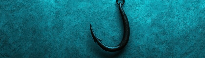 fishing hook against a textured teal background, showcasing its sharp design and purpose for outdoor enthusiasts.