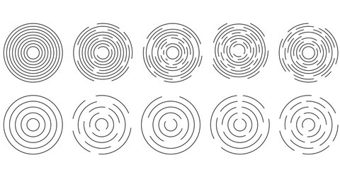 Set of circular ripple icons. Concentric circles with broken lines isolated on white background. Vortex, sonar wave, soundwave, sunburst, signal signs. Vector graphic illustration