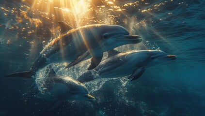 Fototapeta premium Three Dolphins Swimming in Sunlight.