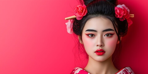 Naklejka premium Young woman in traditional Asian-inspired makeup and hairstyle with floral accessories against red background. Cultural elements with modern beauty. Banner with copy space