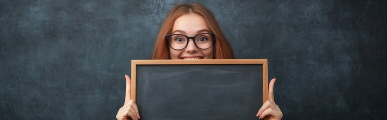 Happy woman portrait and chalkboard with sign for advertising or marketing on a studio background Young female person with smile billboard or poster for message alert or notification on mockup 