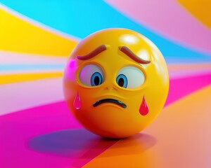 Fototapeta premium 3D yellow emoji with a facepalm expression, slightly embarrassed with a sweat drop, on a bright, colorful background.