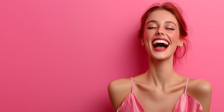 Ecstatic young woman with closed eyes and wide smile wearing pink top against matching background. Joy, laughter or positive emotion concepts. Place for text