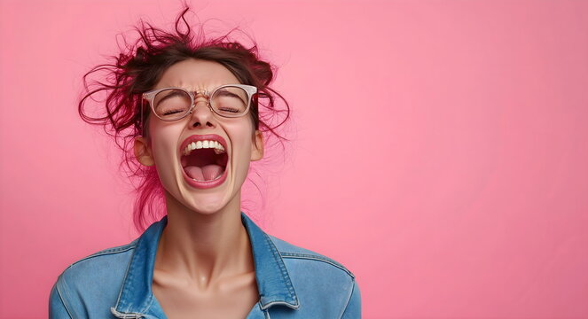 Ecstatic woman with messy hair and glasses screaming joyfully against pink background. Emotion expression, excitement or spontaneous reaction concepts. Place for text