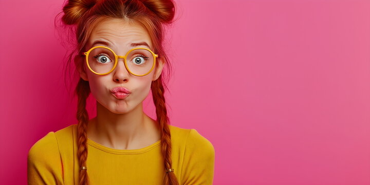 Playful young woman with red braids and yellow glasses making funny face against pink background. Youth culture or quirky fashion advertising. Place for text