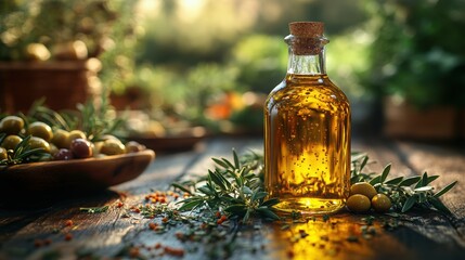 A sunlit bottle of olive oil surrounded by fresh olives and herbs on a rustic wooden table, evoking a Mediterranean ambiance.