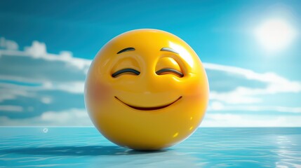 Fototapeta premium 3D yellow emoji with a calm, peaceful smile, eyes closed, against a serene, sky-blue background.
