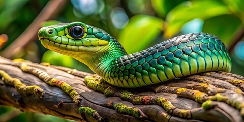 Fototapeta premium A boomslang's intent gaze meets the camera's lens, its forked tongue darting in and out as it surveys its surroundings with calculating eyes.