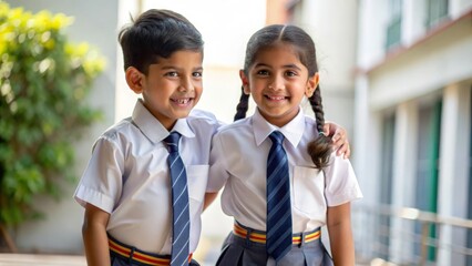 "Indian School Kids in Playground" - Indian children in their school uniforms, playing together in a school playground.
