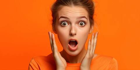 Shocked young woman with wide open mouth and hands on face against bright orange background. Surprise concept in emotional advertising