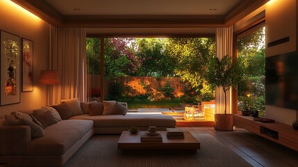 Serene Detached House Living Room with Garden View and Cozy Ambiance