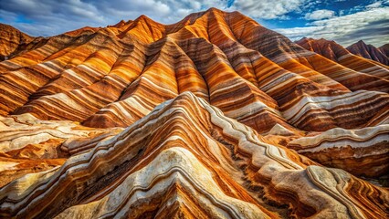 photo image of serpentine mountains covered in a swirling pattern of rust and cream, reminiscent of ancient stone latticework