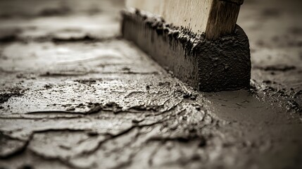 Fototapeta premium A screed board being pulled across a sandy surface, leaving behind a smooth, even layer, Minimalistic, Monochromatic tones, Focus on texture, Close-up