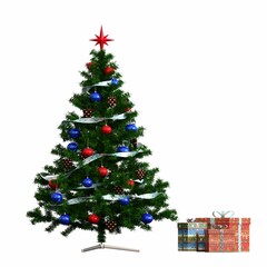 Christmas tree with decorations, isolated on white background, 3D illustration, cg render