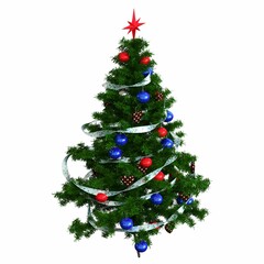 Christmas tree with decorations, isolated on white background, 3D illustration, cg render