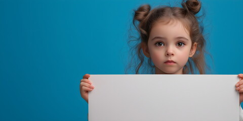Banner with Cute Little Girl Holding Blank Sign on Blue Background. Child Message or Announcement Concept. Place for text
