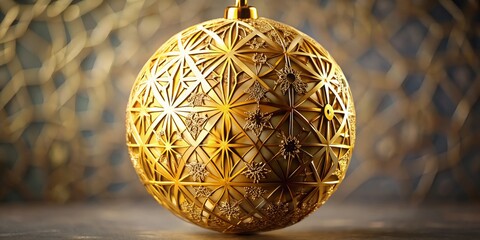 Obraz premium A beautifully designed round ornament boasts intricate geometric patterns in gleaming gold, adding a touch of sophistication to any holiday display or decor.