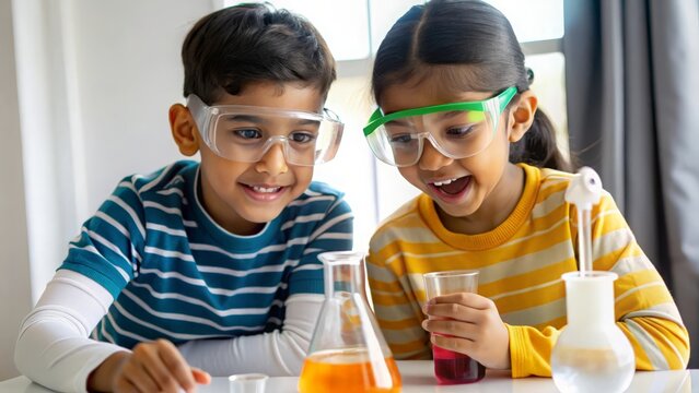 "Indian Kids Enjoying a Science Experiment" - Indian children observing a science experiment with fascination and excitement.
 - Powered by Adobe