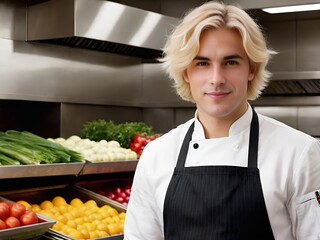 Portrait of smiling male chef in modern kitchen setting, wearing white chef's jacket and black apron. Fresh vegetables including tomatoes and greens displayed in background