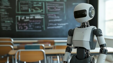 Humanoid robots teach in a classroom with a blackboard in the background, artificial intelligence in education, and future teaching and learning technologies