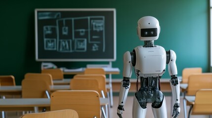 Humanoid robots teach in a classroom with a blackboard in the background, artificial intelligence in education, and future teaching and learning technologies