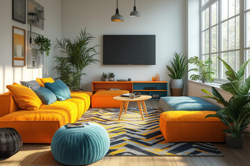 Modern living room with white walls, bright orange sofa and yellow TV stand, wooden floor and colorful armchair, cactus poster on the wall