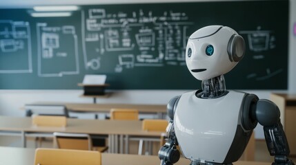 Humanoid robots teach in a classroom with a blackboard in the background, artificial intelligence in education, and future teaching and learning technologies