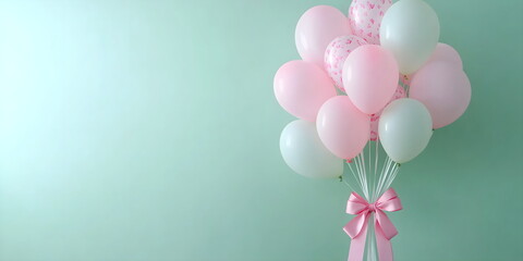 Banner with Pink and White Balloons on Pastel Green Background with copy space for Baby Shower Celebration or Birthday Party Decoration. Place for text