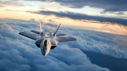 A dynamic image of a fighter jet flying high above the clouds, capturing the speed and grace of modern aviation in a peaceful yet powerful setting.