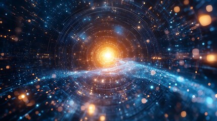 Obraz premium Futuristic AI Core Surrounded by Orbiting Planets in Vibrant Galactic Space - Digital Sci-Fi Concept