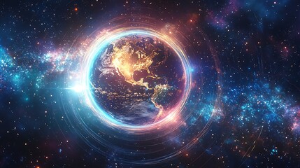 Obraz premium Futuristic Scene of Planets Orbiting Glowing AI Sphere with Cosmic Background and Abstract Light Effects