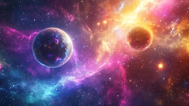 Cosmic Convergence - Luminous AI Entity Surrounded by Orbiting Planets in Deep Space Nebulae.