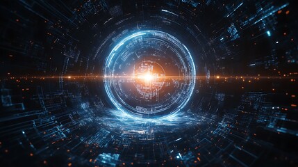 Fototapeta premium Digital Cosmos: Central AI Node Surrounded by Orbiting Planets in Futuristic Space Setting with Cosmic Light Effects